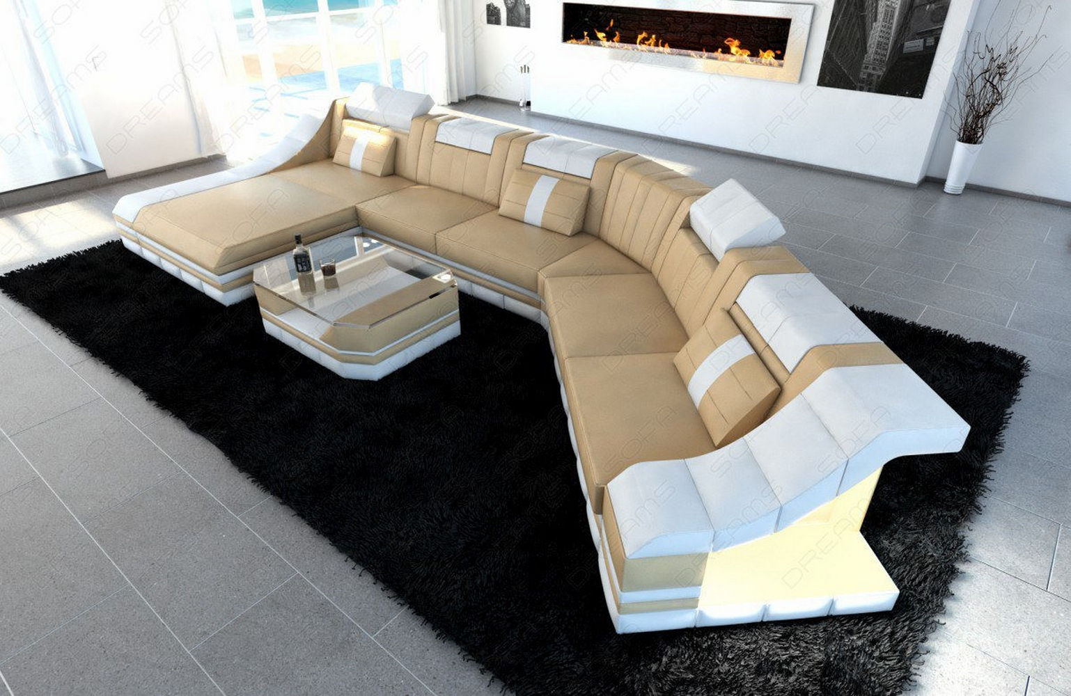 Mini Leder Wohnlandschaft Turino CL mit LED Sandbeige-Weiss