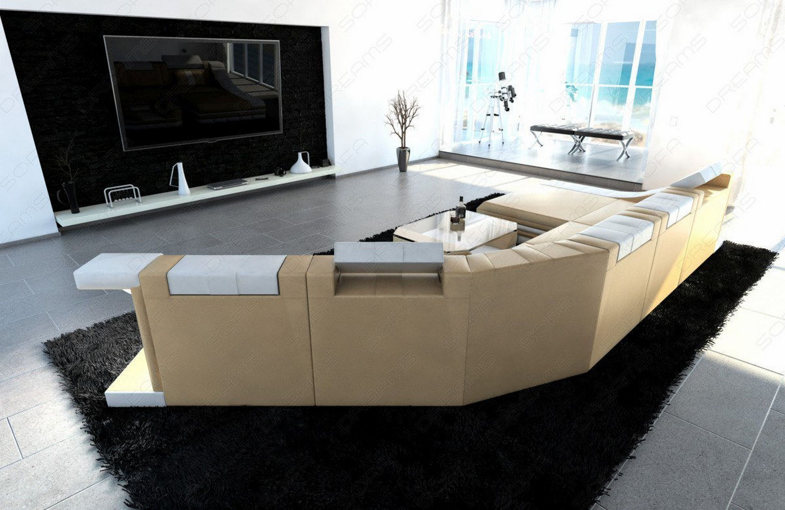 Mini Leder Wohnlandschaft Turino CL mit LED Sandbeige-Weiss