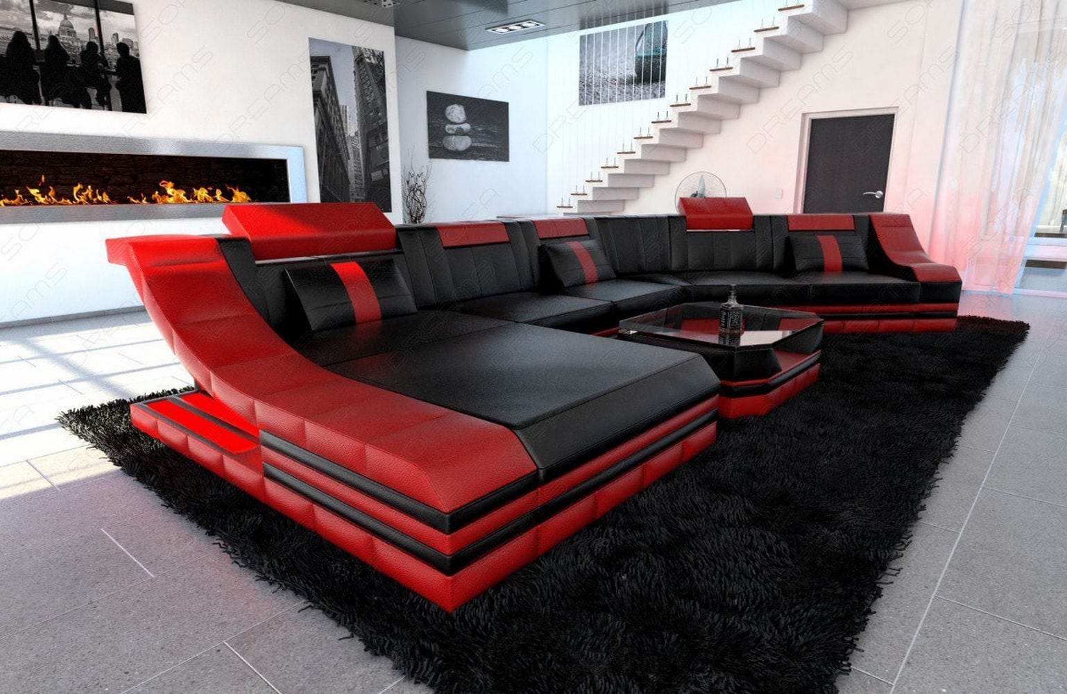 Mini Sofa Turino CL-Form aus Leder Schwarz-Rot