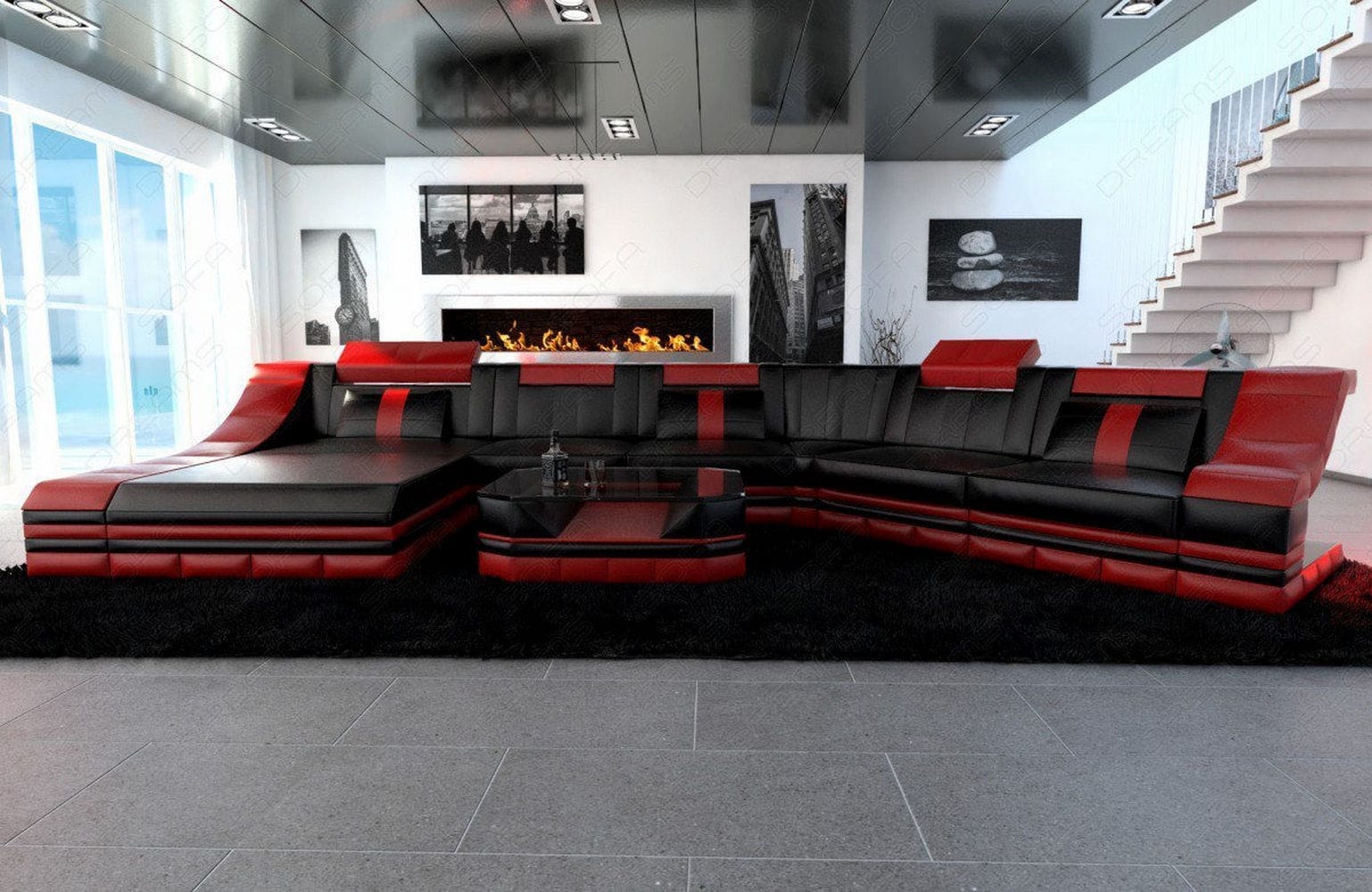 Mini Sofa Turino CL-Form aus Leder Schwarz-Rot