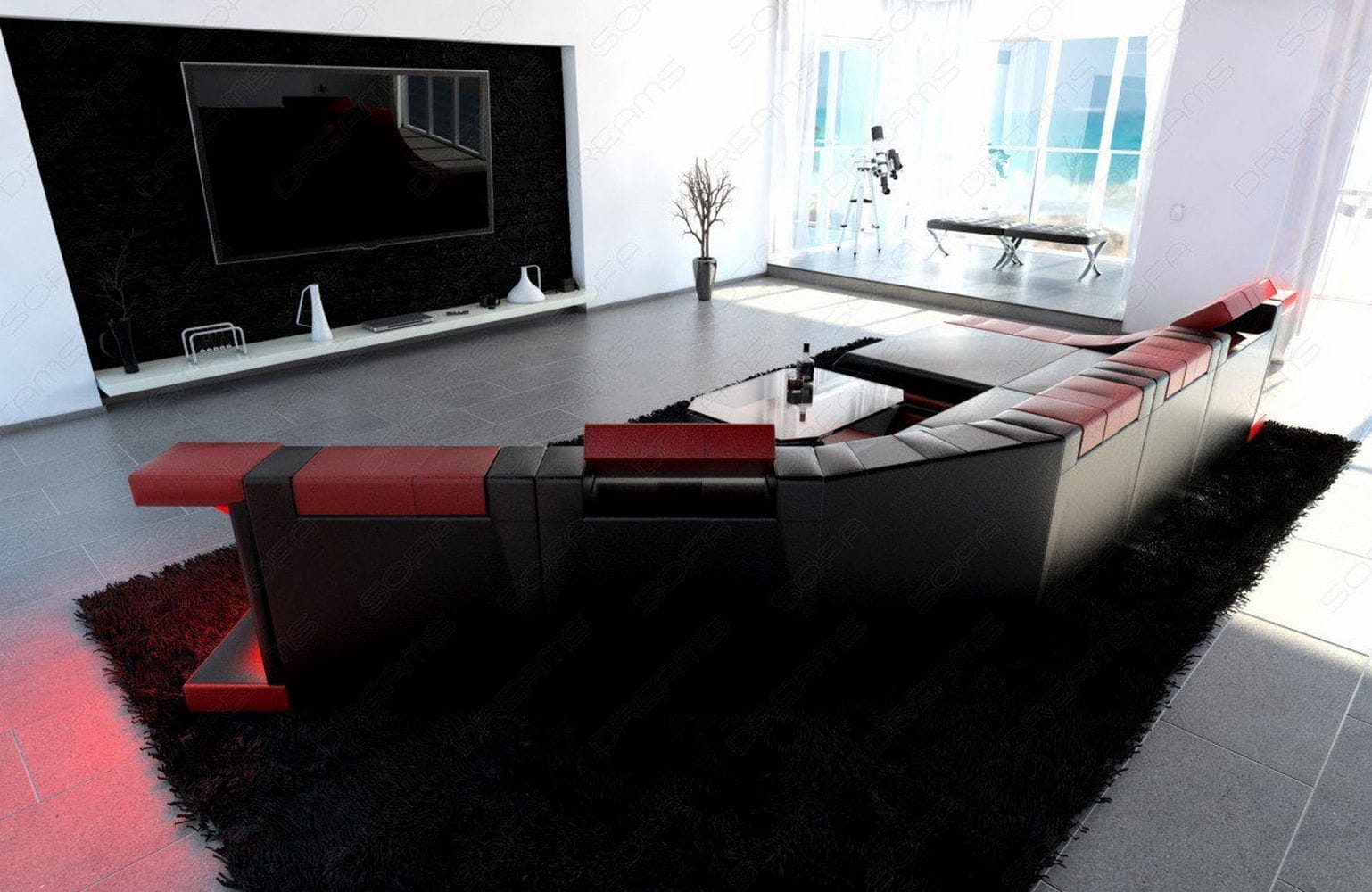Mini Sofa Turino CL-Form aus Leder Schwarz-Rot