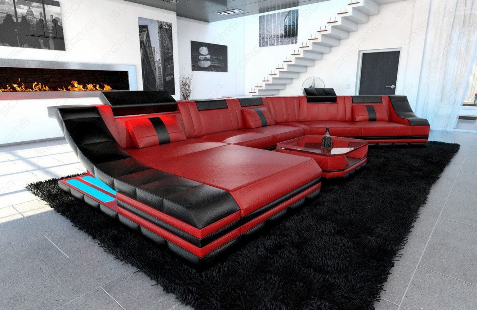 Mini Sofa Turino CL-Form aus Leder Rot-Schwarz