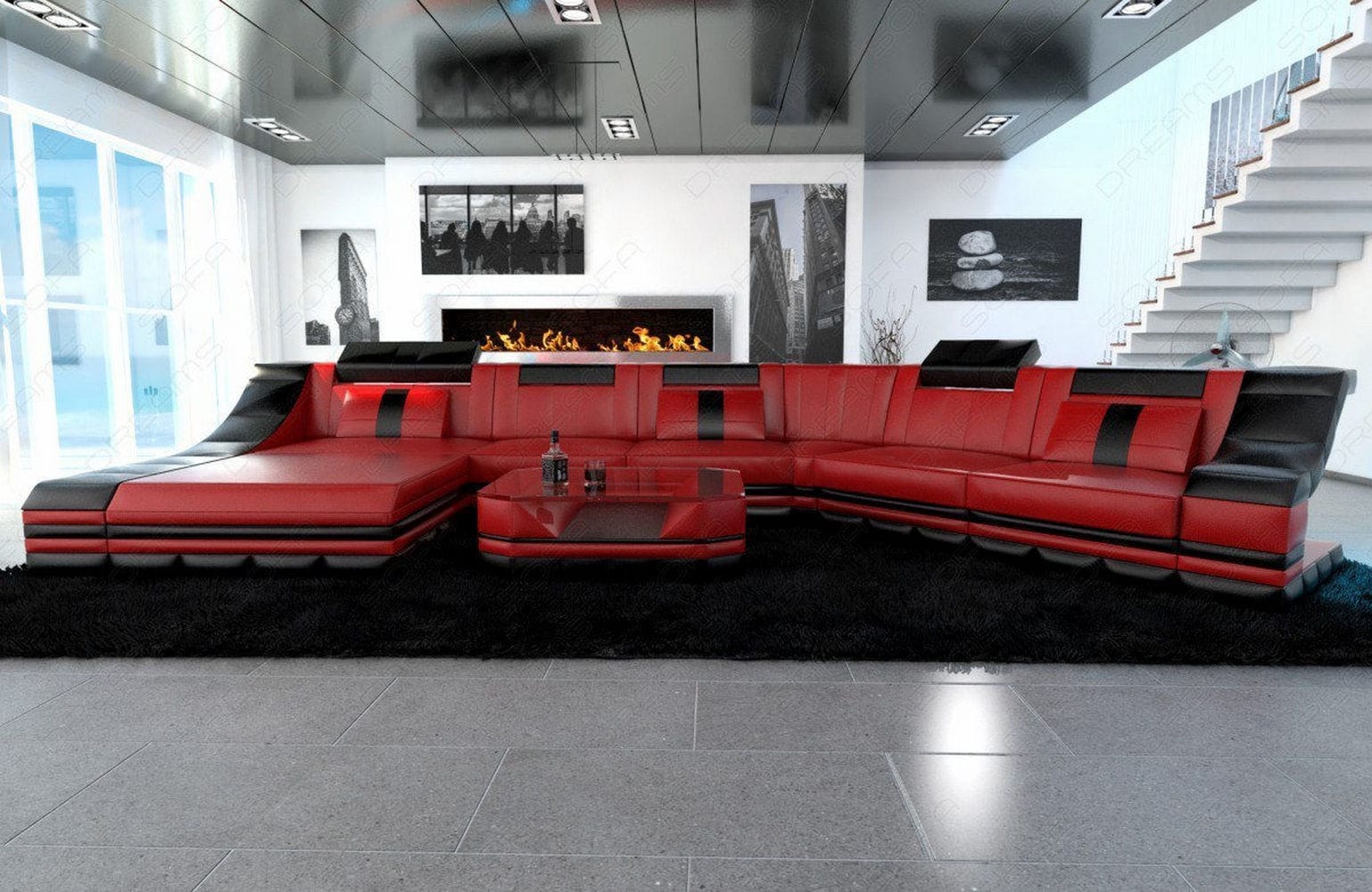 Mini Sofa Turino CL-Form aus Leder Rot-Schwarz