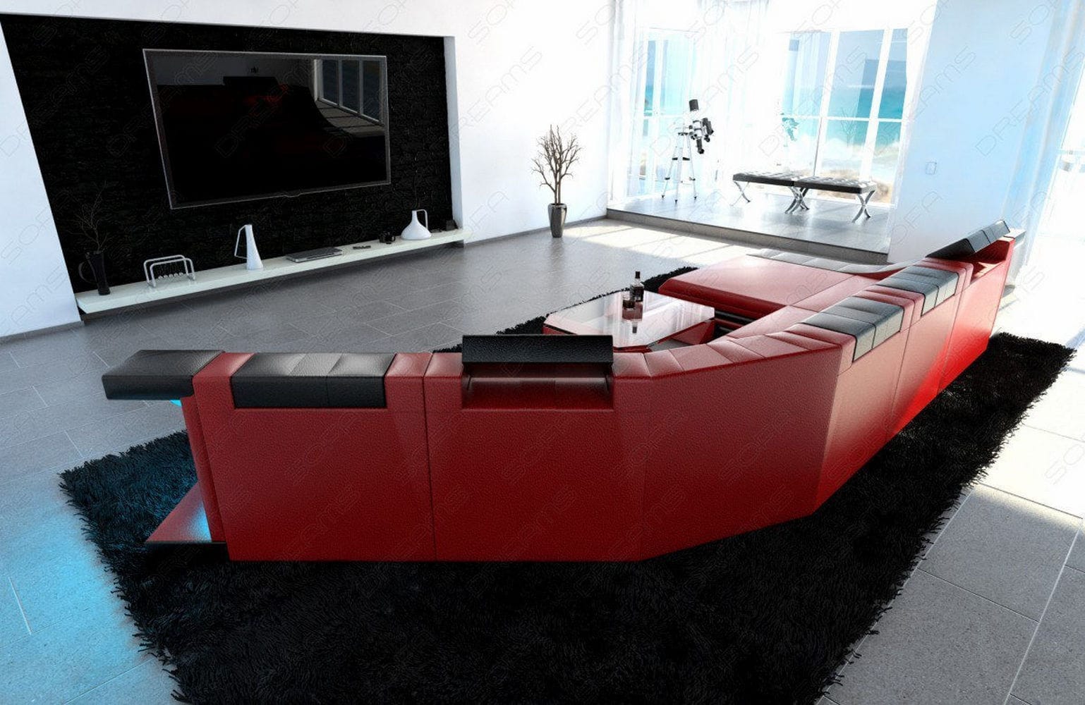 Mini Sofa Turino CL-Form aus Leder Rot-Schwarz