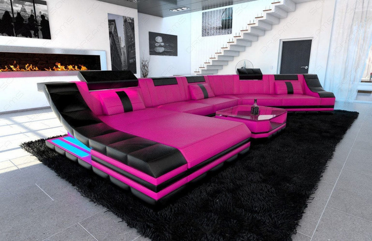 Mini Sofa Turino CL-Form aus Leder Pink-Schwarz