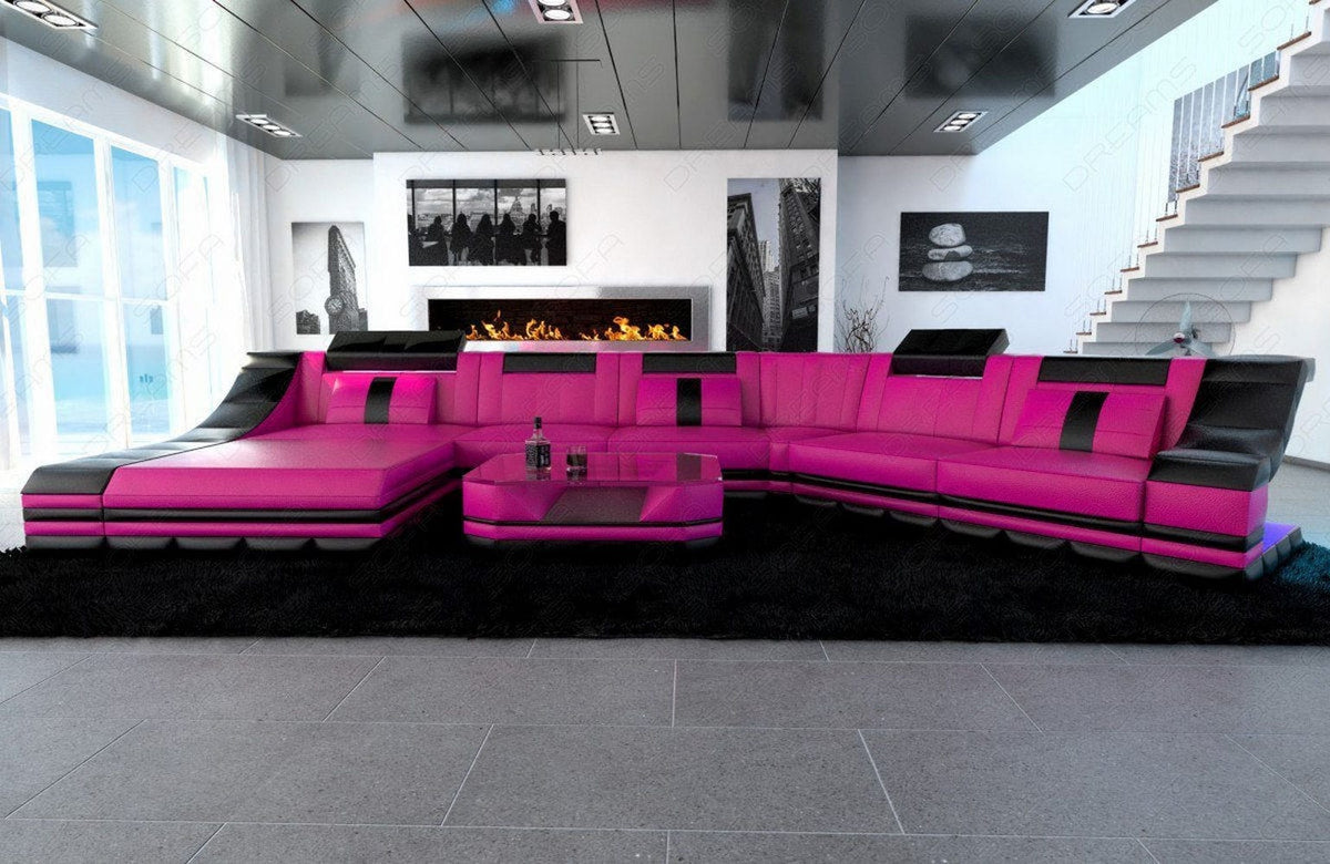 Mini Sofa Turino CL-Form aus Leder Pink-Schwarz