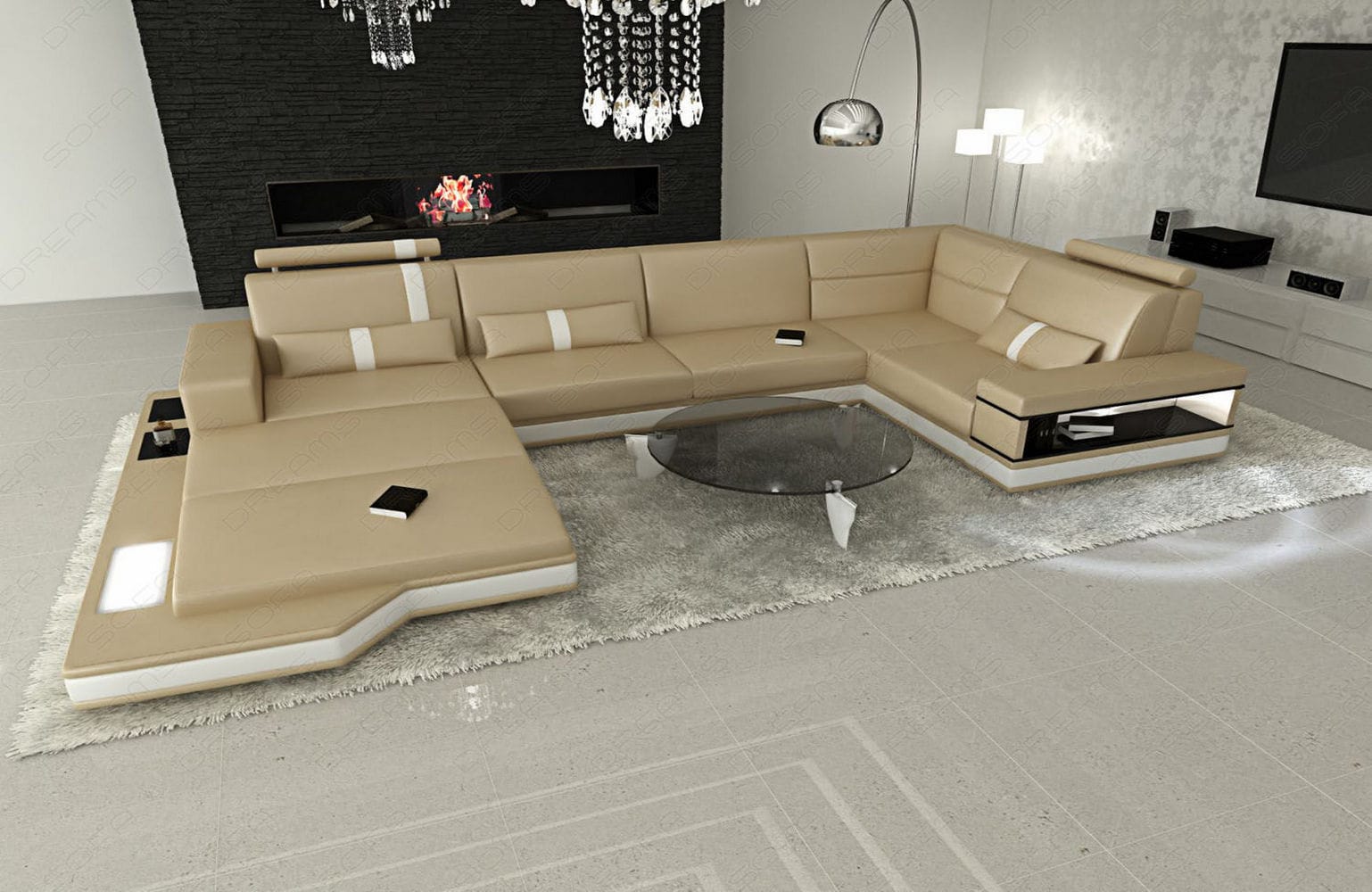 Mini Sofa Messana U-Form in Leder Sandbeige-Weiß