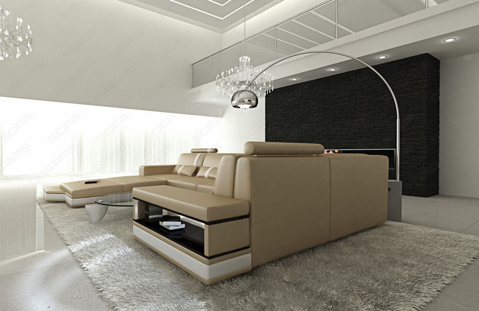 Mini Sofa Messana U-Form in Leder Sandbeige-Weiß
