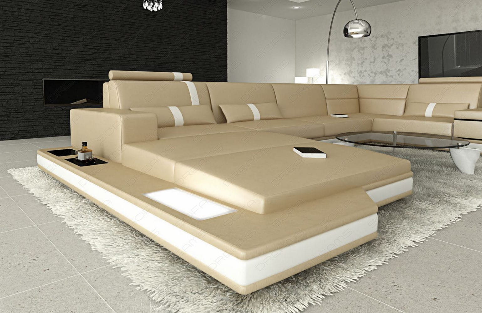 Mini Sofa Messana U-Form in Leder Sandbeige-Weiß