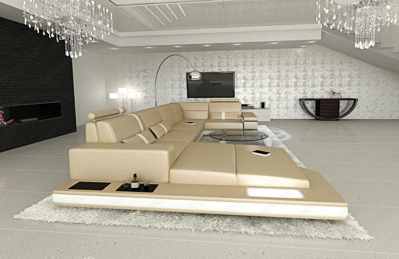 Mini Sofa Messana U-Form in Leder Sandbeige-Weiß