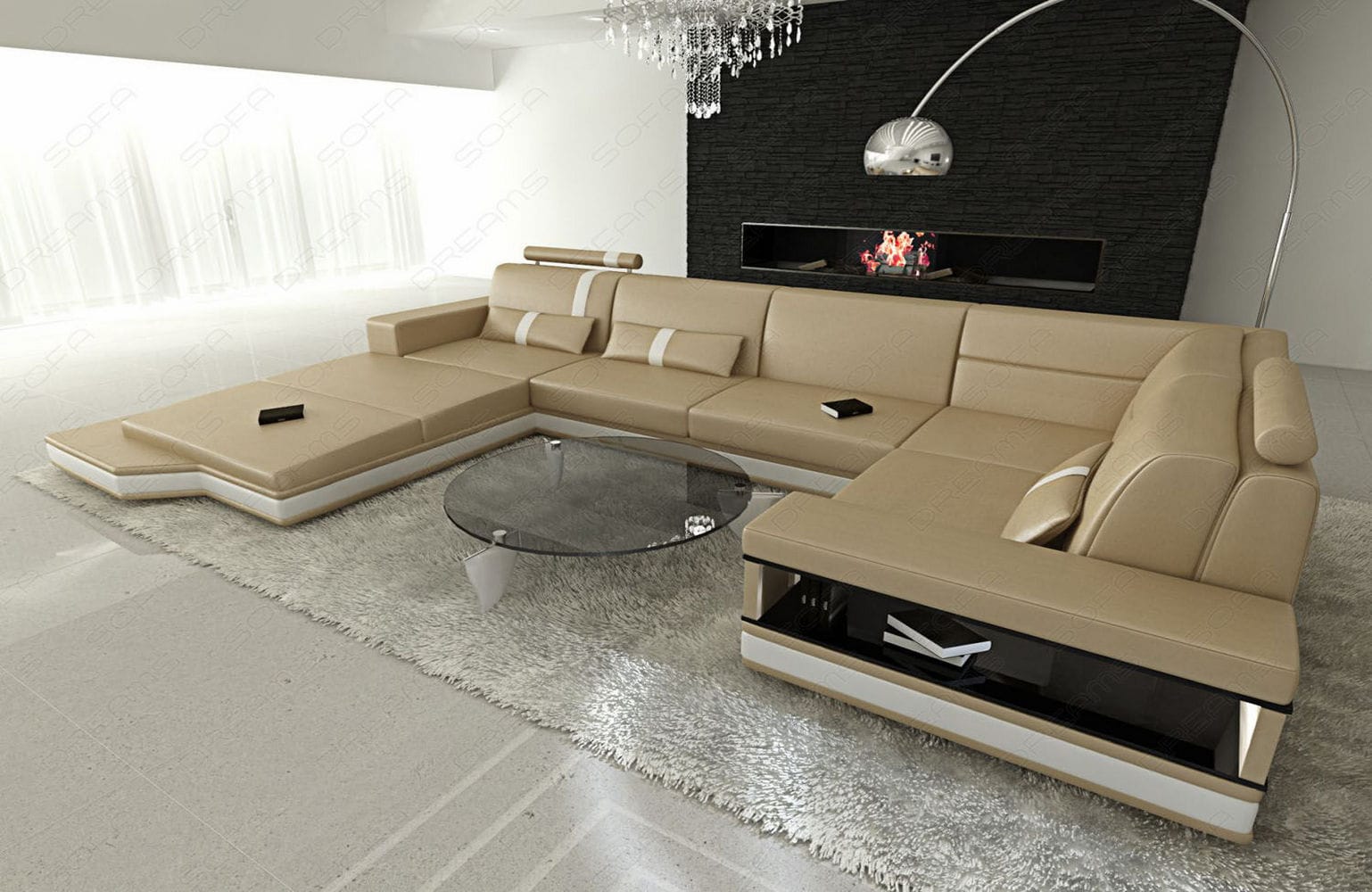 Mini Sofa Messana U-Form in Leder Sandbeige-Weiß