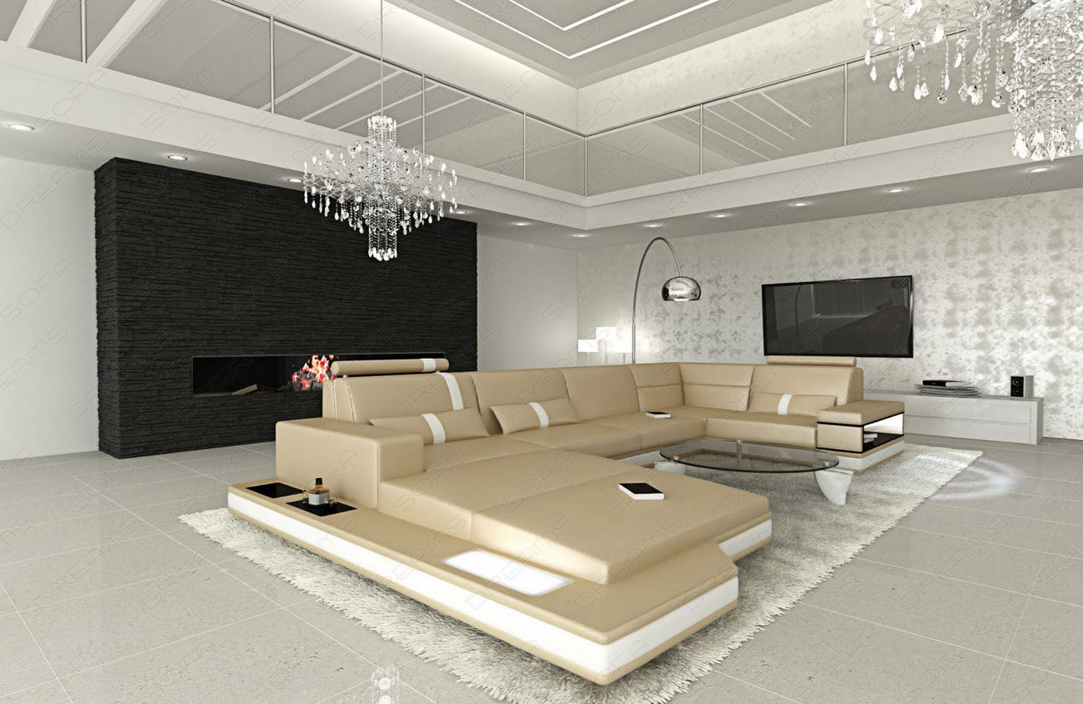 Mini Sofa Messana U-Form in Leder Sandbeige-Weiß