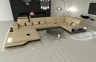 Mini Sofa Messana U-Form in Leder Sandbeige-Schwarz