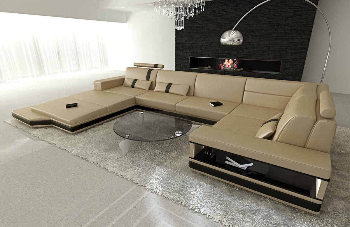 Mini Sofa Messana U-Form in Leder Sandbeige-Schwarz