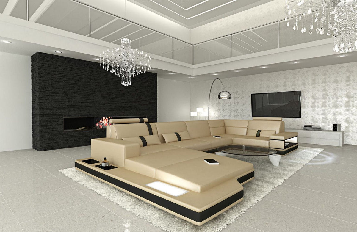 Mini Sofa Messana U-Form in Leder Sandbeige-Schwarz
