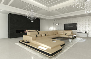 Mini Sofa Messana U-Form in Leder Sandbeige-Schwarz