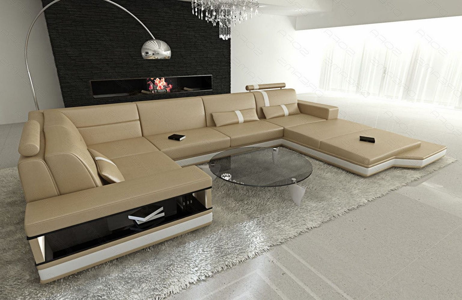Mini Sofa Messana U-Form in Leder sandbeige-weiß
