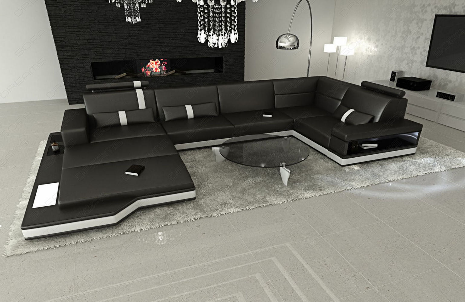 Mini Ledersofa Wohnlandschaft Messana – Komfort & Stil Schwarz-Weiß