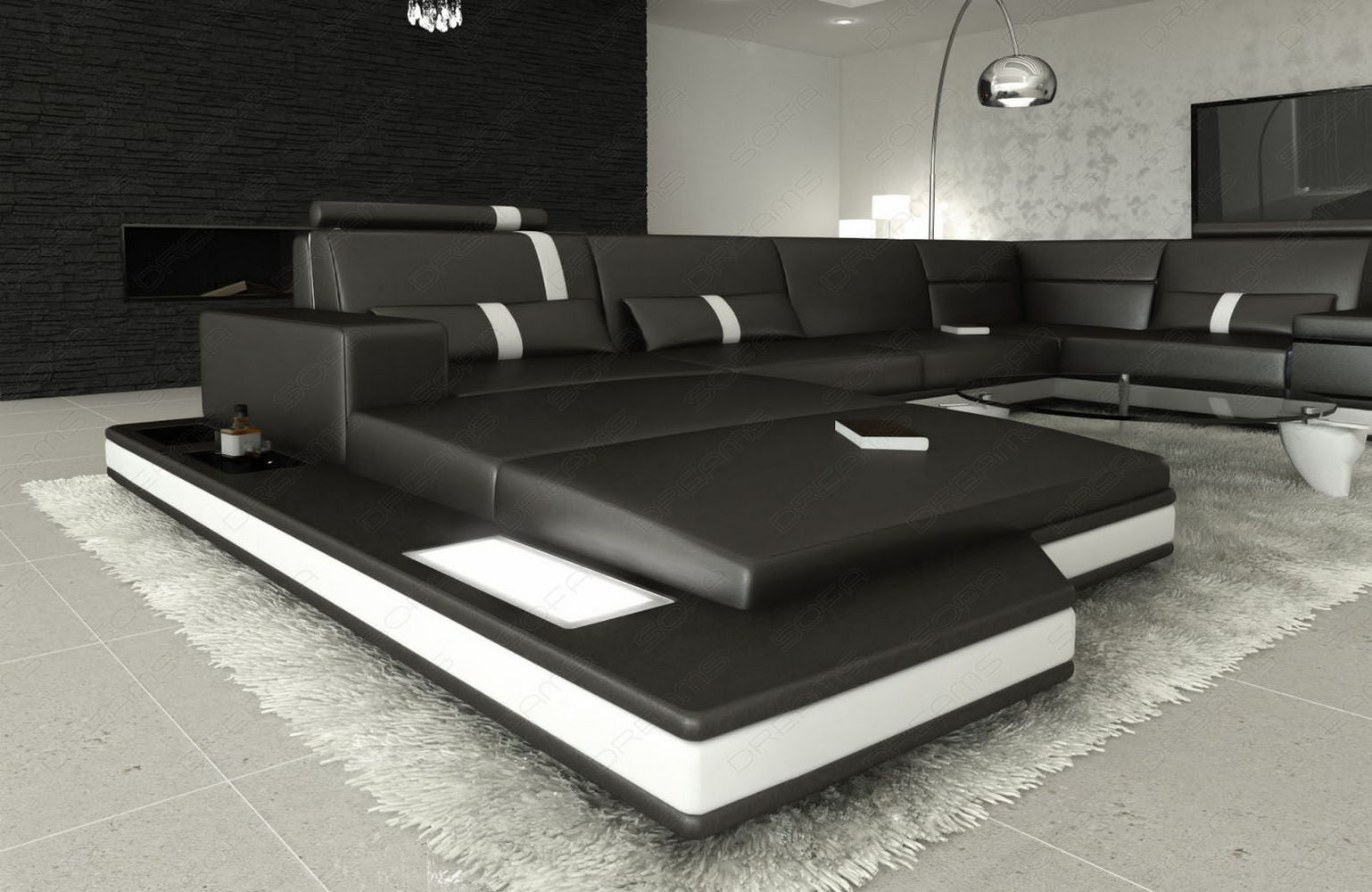 Mini Ledersofa Wohnlandschaft Messana – Komfort & Stil Schwarz-Weiß