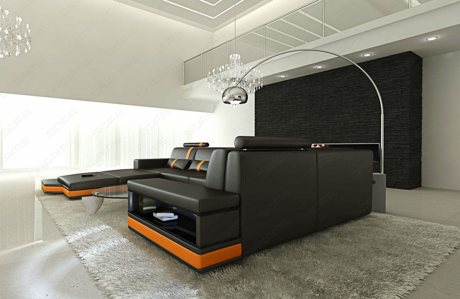 Mini Sofa Messana U-Form in Leder Schwarz-Orange
