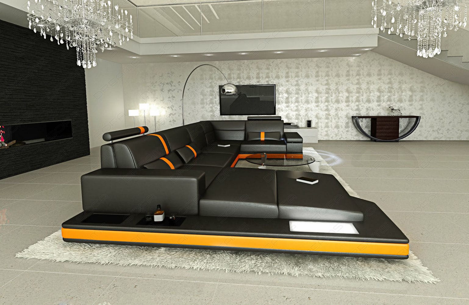 Mini Sofa Messana U-Form in Leder Schwarz-Orange