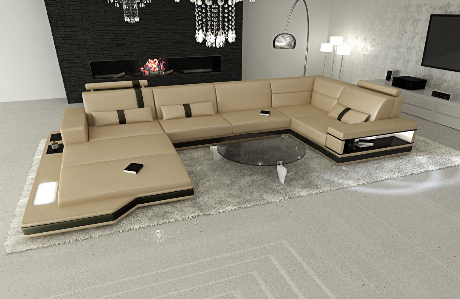 Mini Sofa Messana in Leder sandbeige-schwarz