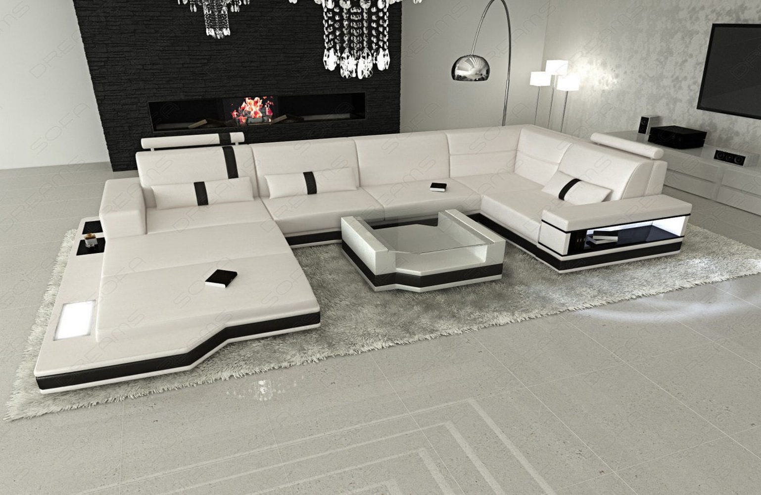 Mini Sofa Messana U-Form in Leder Weiß-Schwarz