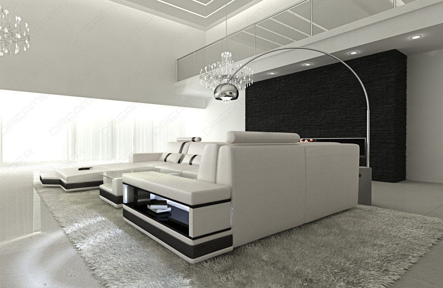 Mini Sofa Messana U-Form in Leder Weiß-Schwarz