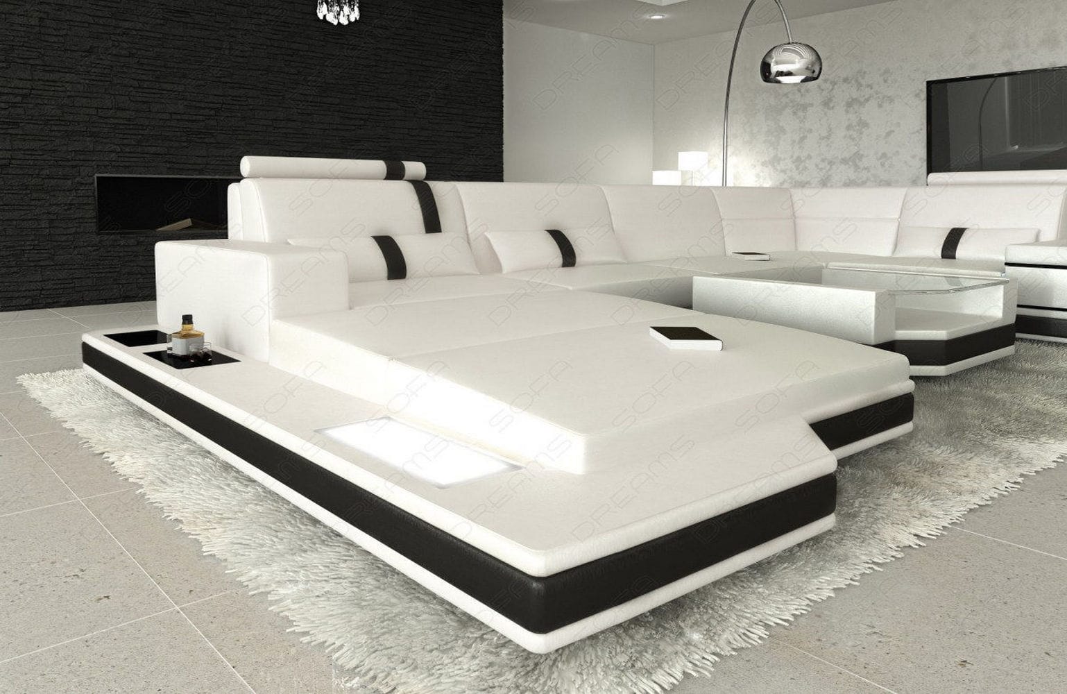 Mini Sofa Messana U-Form in Leder Weiß-Schwarz