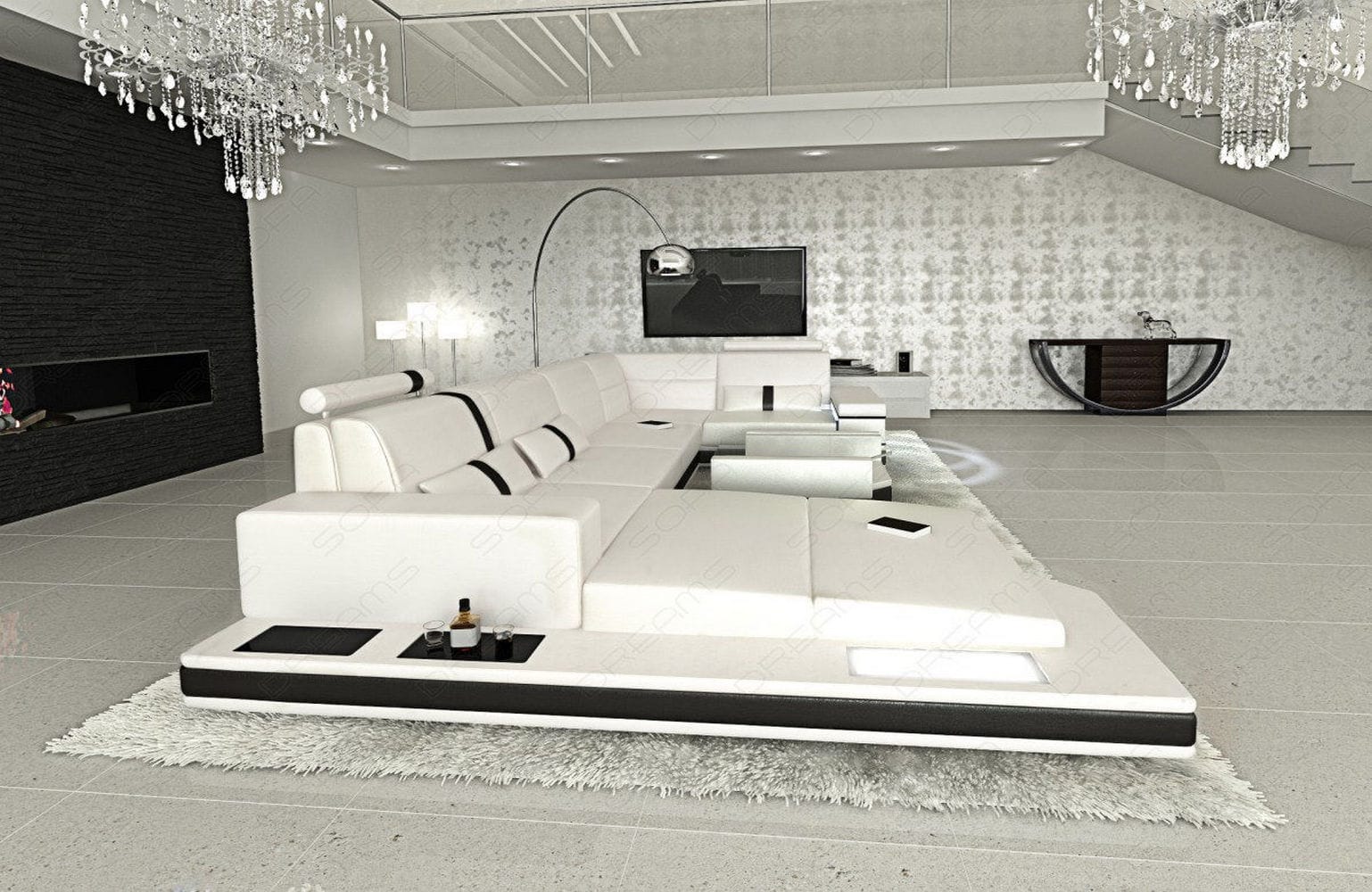 Mini Sofa Messana U-Form in Leder Weiß-Schwarz
