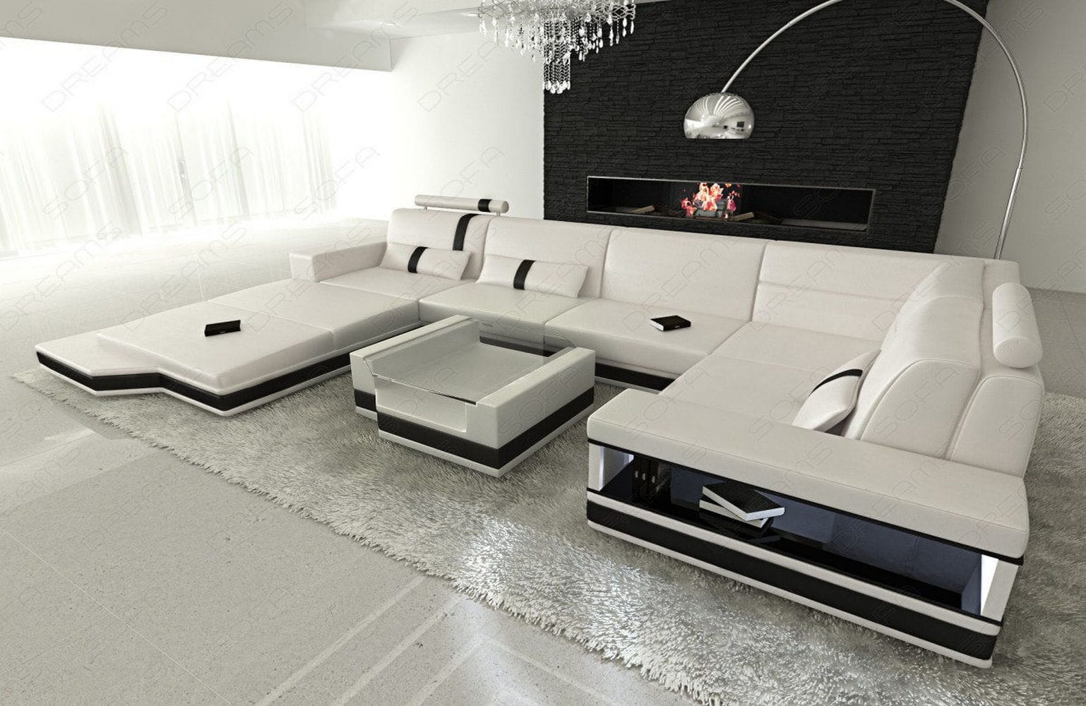 Mini Sofa Messana U-Form in Leder Weiß-Schwarz
