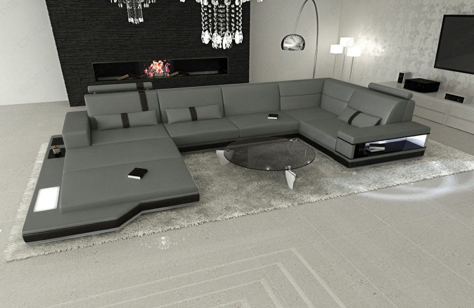 Mini Sofa Messana U-Form in Leder Grau-Schwarz