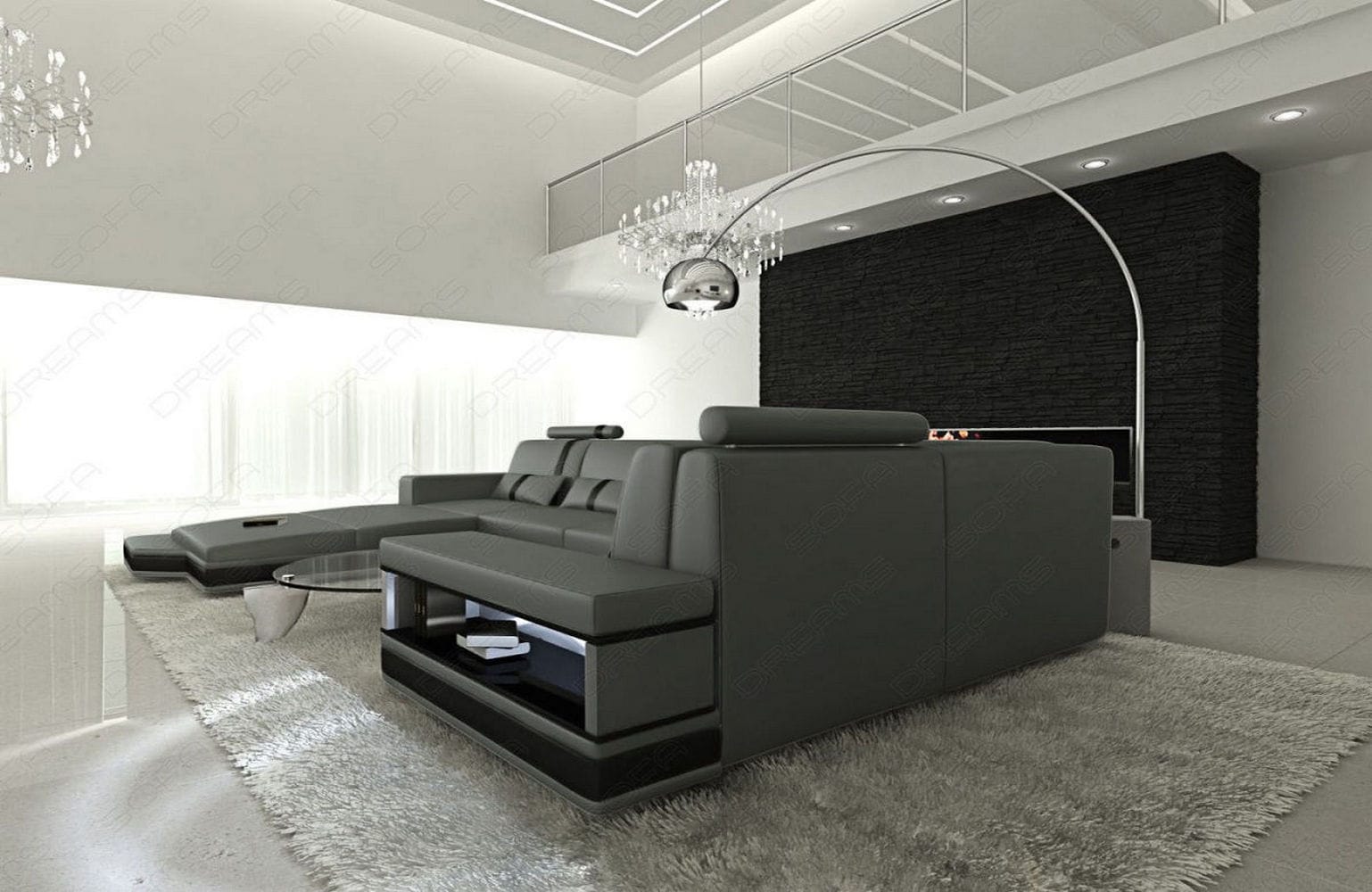 Mini Sofa Messana U-Form in Leder Grau-Schwarz