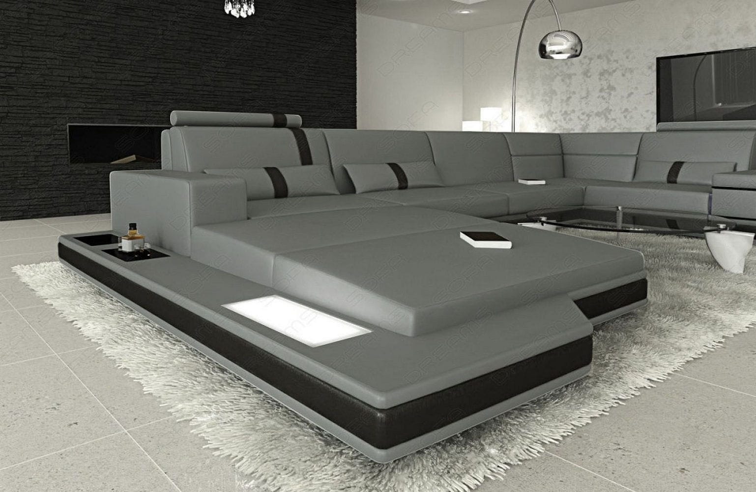 Mini Sofa Messana U-Form in Leder Grau-Schwarz
