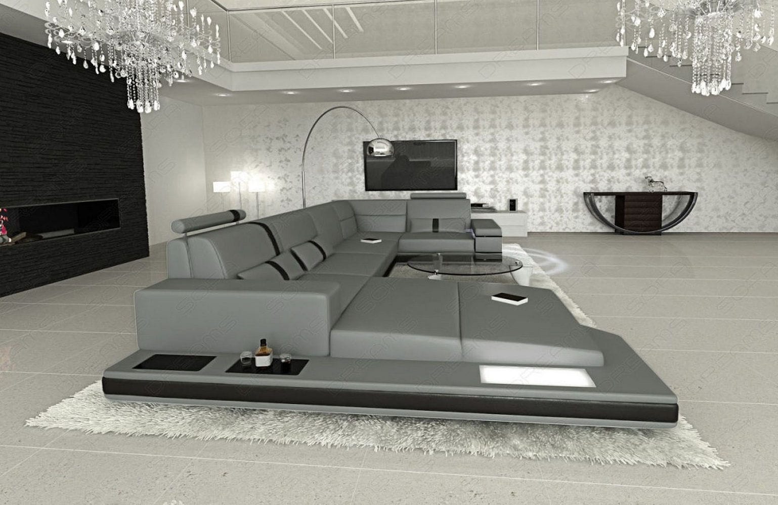 Mini Sofa Messana U-Form in Leder Grau-Schwarz
