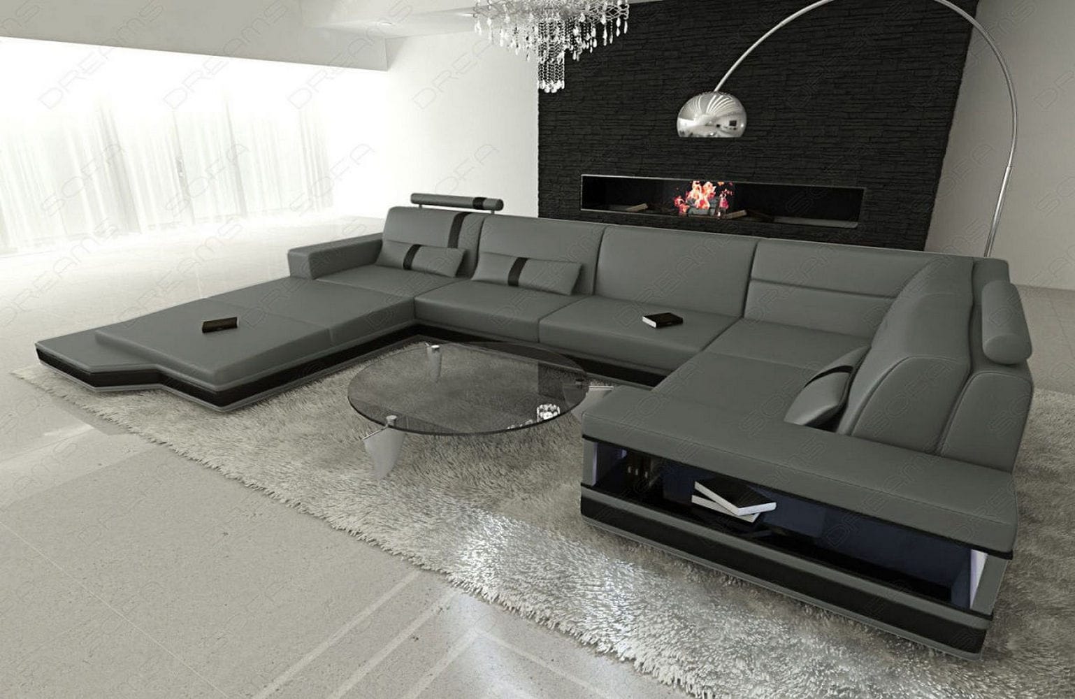 Mini Sofa Messana U-Form in Leder Grau-Schwarz