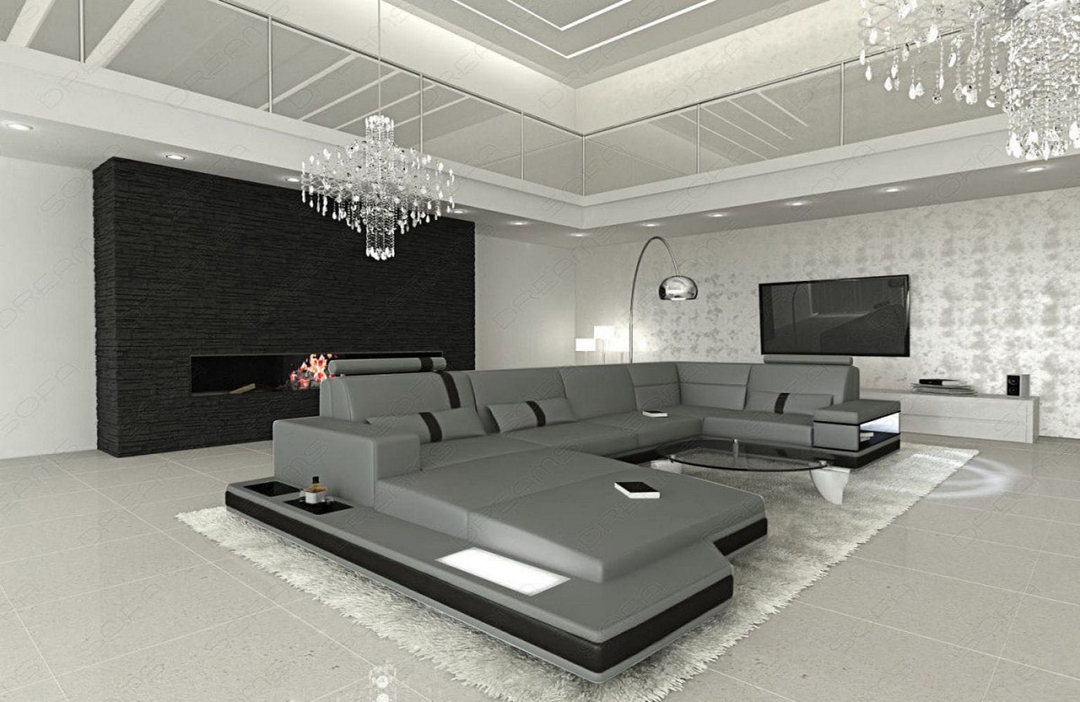 Mini Sofa Messana U-Form in Leder Grau-Schwarz