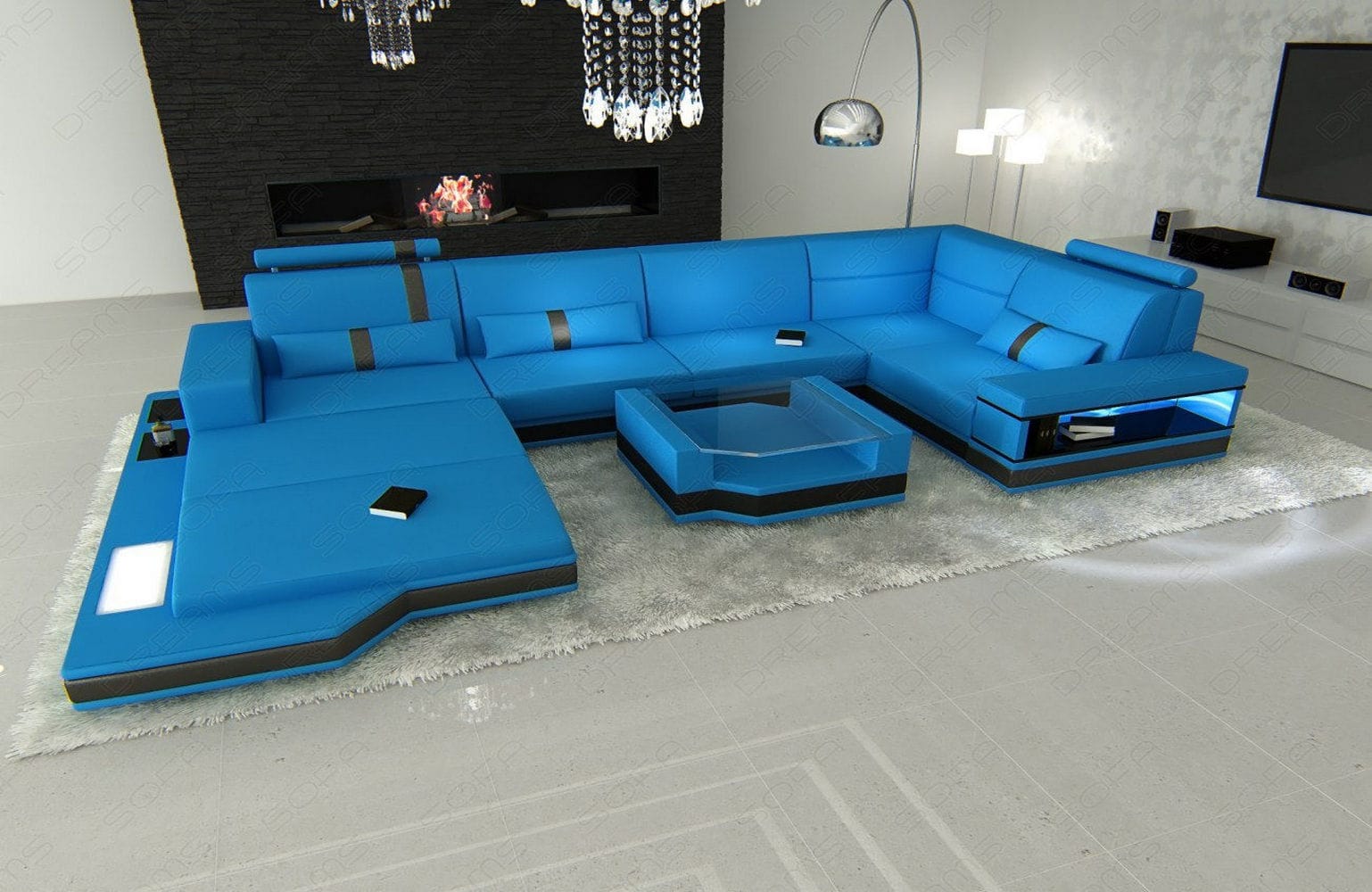 Mini Sofa Messana U-Form in Leder Blau-Schwarz