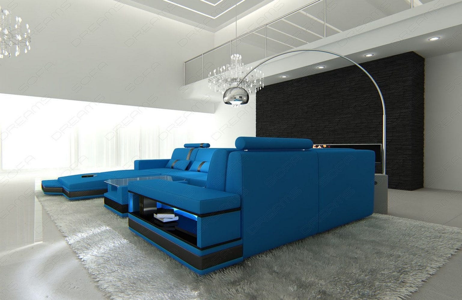 Mini Sofa Messana U-Form in Leder Blau-Schwarz
