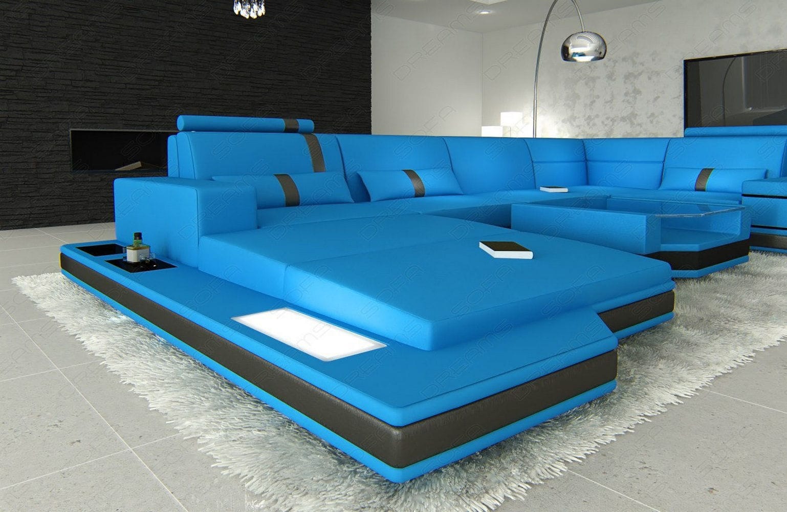 Mini Sofa Messana U-Form in Leder Blau-Schwarz