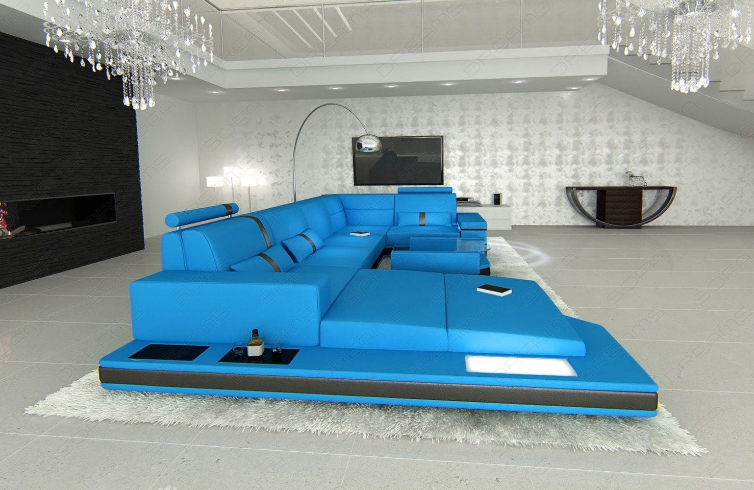 Mini Sofa Messana U-Form in Leder Blau-Schwarz
