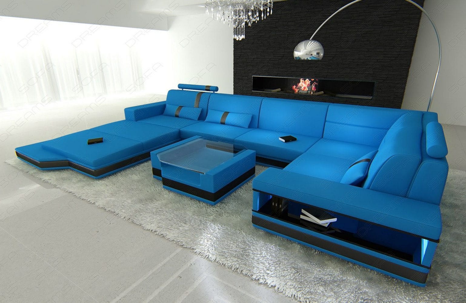Mini Sofa Messana U-Form in Leder Blau-Schwarz
