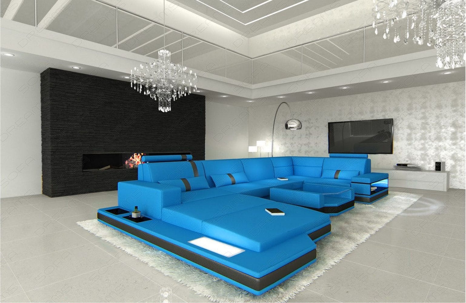 Mini Sofa Messana U-Form in Leder Blau-Schwarz