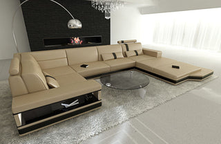 Sofa Messana U-Form in Leder sandbeige-schwarz