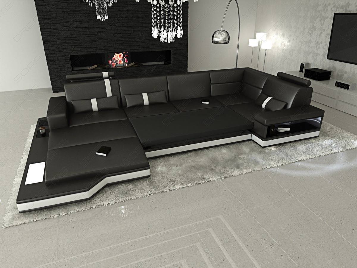 Sofa Messana U-Form in Leder sandbeige-schwarz
