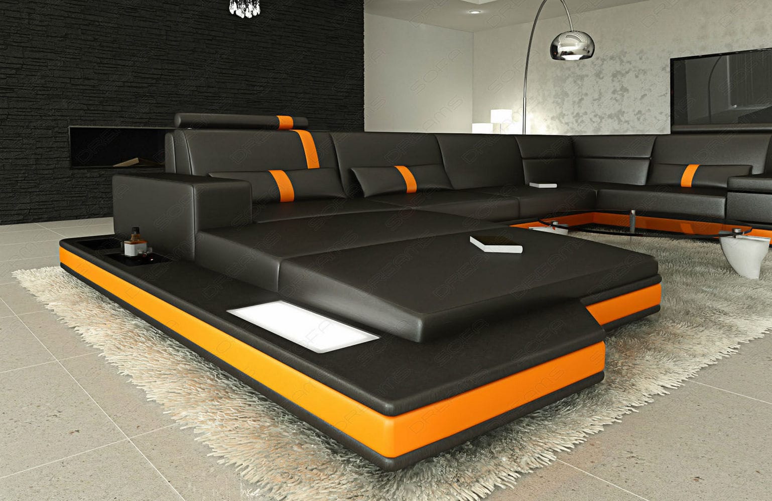 Sofa Messana in Leder schwarz-orange