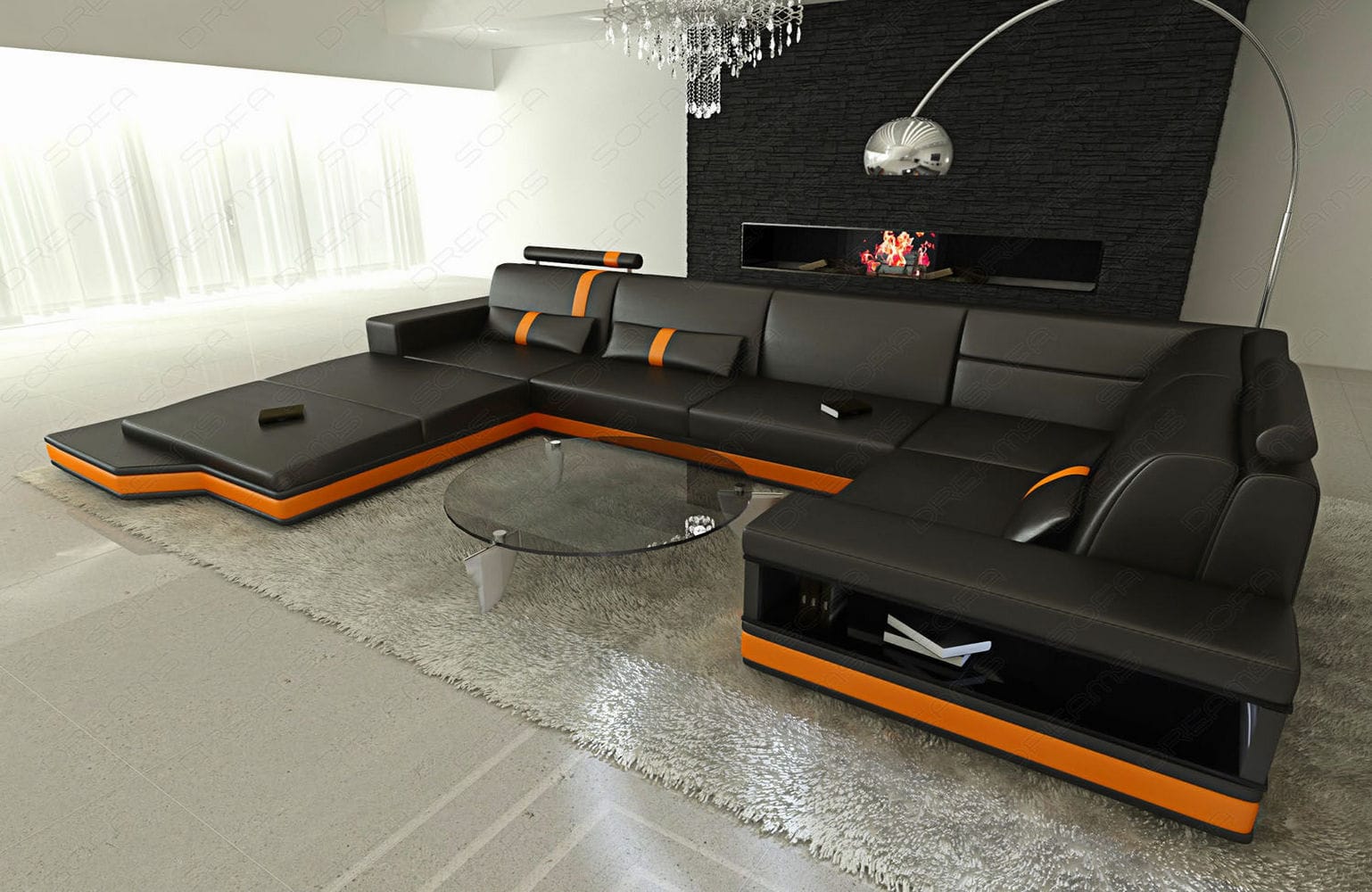 Sofa Messana in Leder schwarz-orange