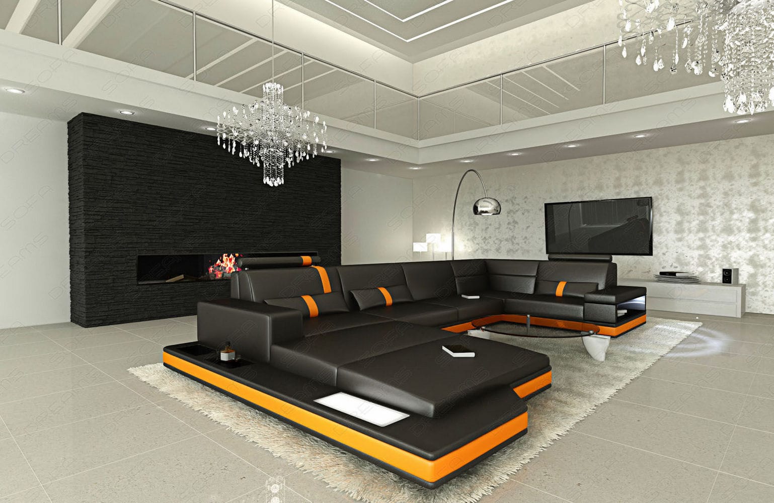 Sofa Messana in Leder schwarz-orange