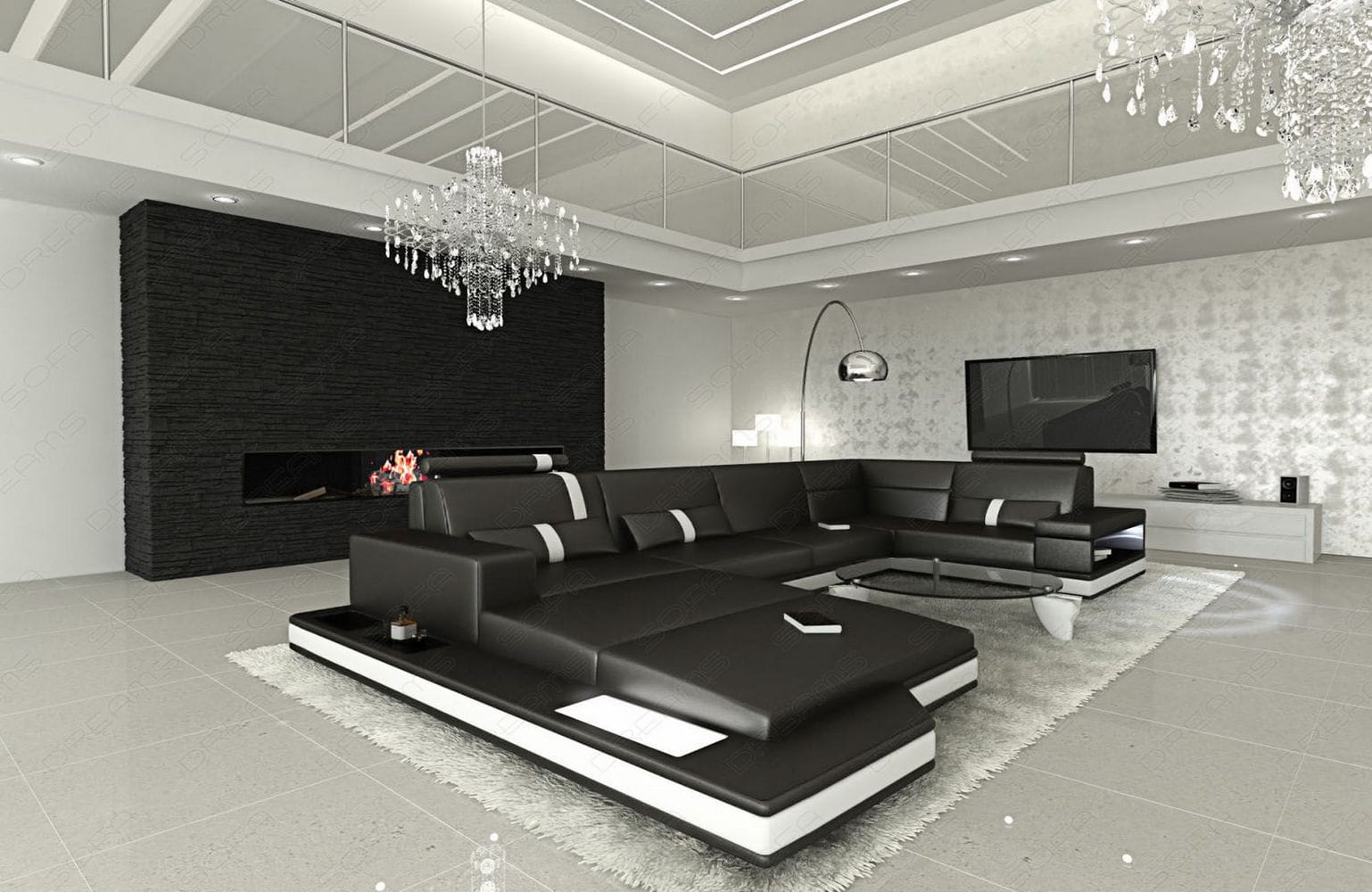 Sofa Messana U-Form in Leder schwarz-weiß