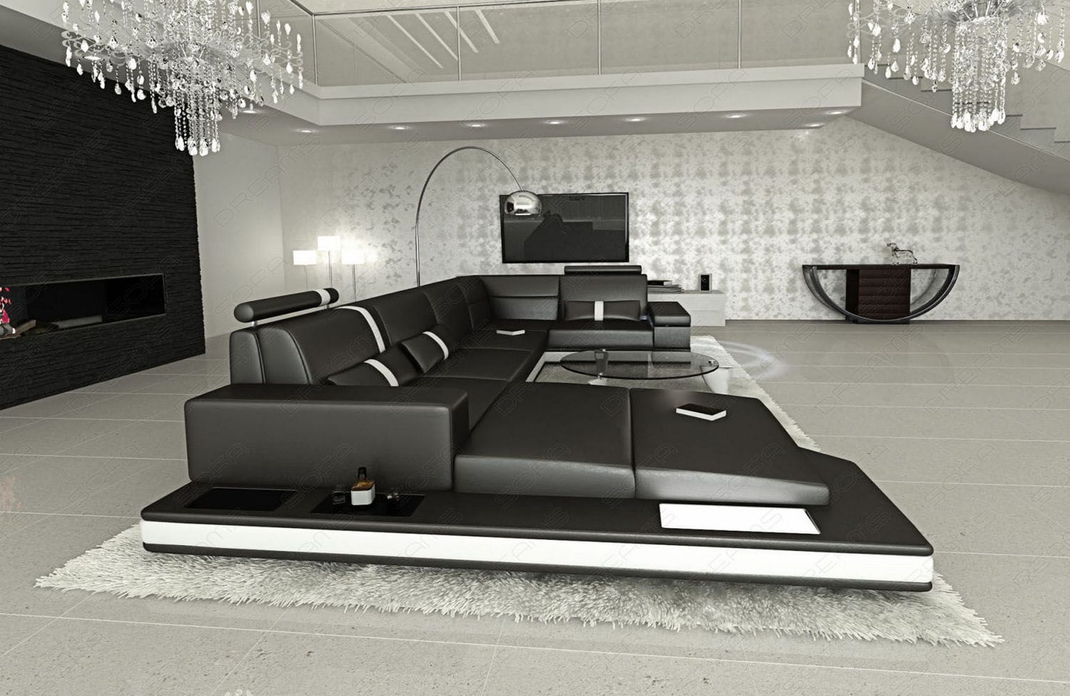 Sofa Messana U-Form in Leder schwarz-weiß